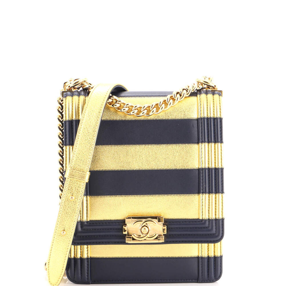Chanel Small Paris-New York North South Boy Flap Bag Striped Lambskin